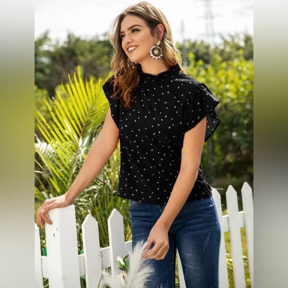 Heart Confetti Mock Neck Keyhole Back Blouse